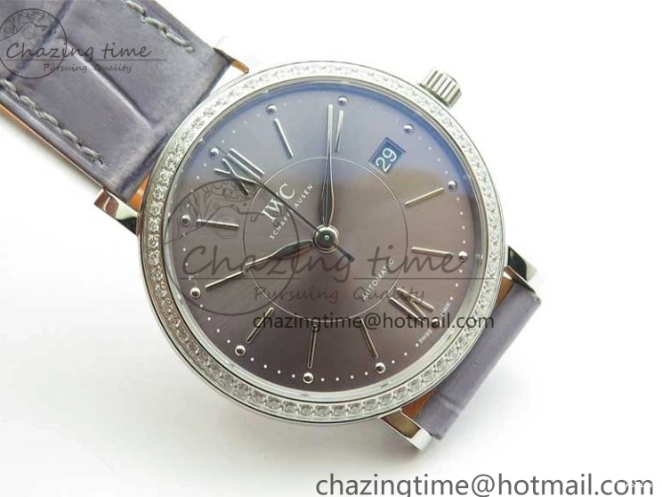 MIROTIME 0227 Attractive Portofino 37mm SS V7F 1:1 Best Edition Gray Dial Diamonds Bezel on Gray Leather Strap A 7091